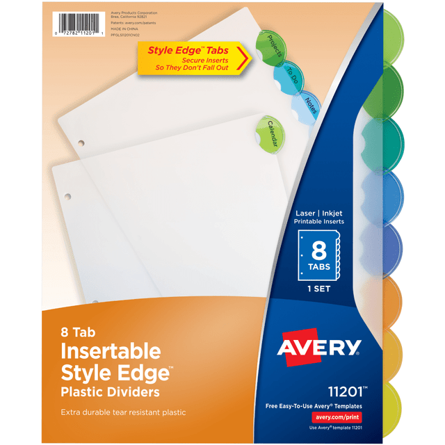 AVERY PRODUCTS CORPORATION 11201 Avery Style Edge Insertable Plastic Dividers, Multicolor, 8-Tab, Pack Of 8 Dividers