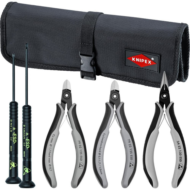 Knipex 9K 00 80 11 US Combination Hand Tool Sets; Set Type: Assorted Electronics Tool Set ; Number Of Pieces: 5 ; Container Type: Tool Roll ; Tether Style: Not Tether Capable ; Includes: 34 22 130 ESD; 79 22 125 ESD; 79 02 125 ESD; 9T 89418; 9T 89433
