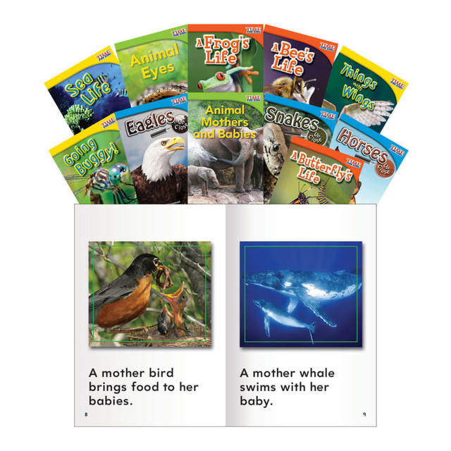 Packed with eye-catching photos and fun facts about bugs and animals, this book set helps motivate kids to learn more about the creatures surrounding them every day. The high-interest text sharpens reading skills and keeps your students coming back for more.  Colorful photos and graphics help young students discover interesting nuggets of information about a wide range of animals and insects.  Each book is 12 to 28 pages long and is filled with fascinating information that will have young kids eager to learn more.  Designed for students in grades 1 and 2.  11-book set includes titles like Animal Mothers and Babies, Animal Eyes, A Frogs Life, A Butterflys Life, A Bees Life, Things with Wings, Sea Life, Going Buggy!, Eagles Up Close, Horses Up Close and Snakes Up Close.