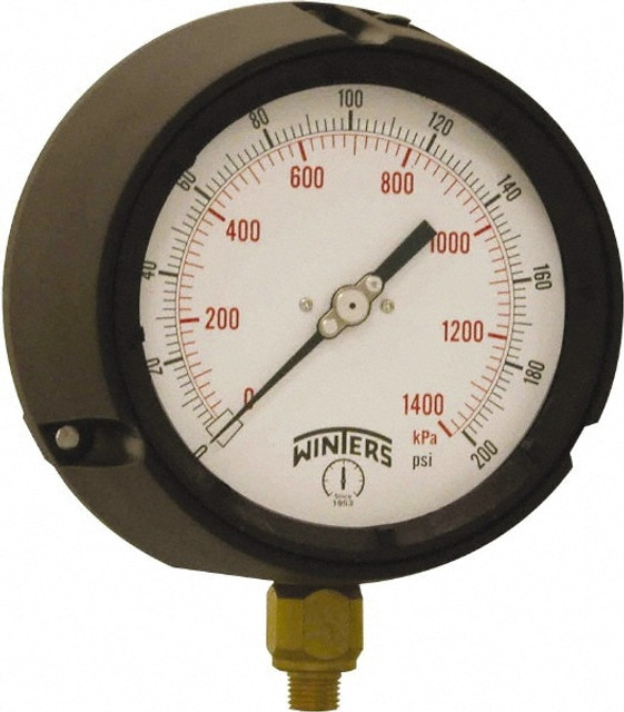 Winters 5086950956GF. Pressure Gauge: 4-1/2" Dial, 1/4" Thread, NPT, Bottom Mount