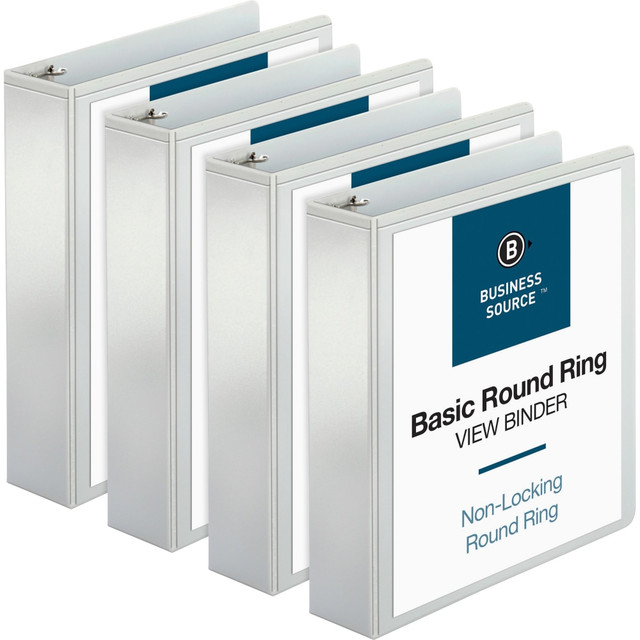 BUSINESS SOURCE 09957BD RounD-Ring View Binder, 2in Ring, 8 1/2in x 11in, White, Pack Of 4 BUSINESS SOURCE 09957BD RounD-Ring View Binder, 2in Ring, 8 1/2in x 11in, White, Pack Of 4