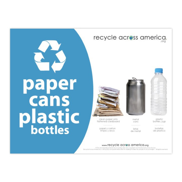 PACKAGING DYNAMICS PCP-8511 Recycle Across America Paper, Cans And Plastic Standardized Recycling Label, PCP-8511, 8 1/2in x 11in, Light Blue