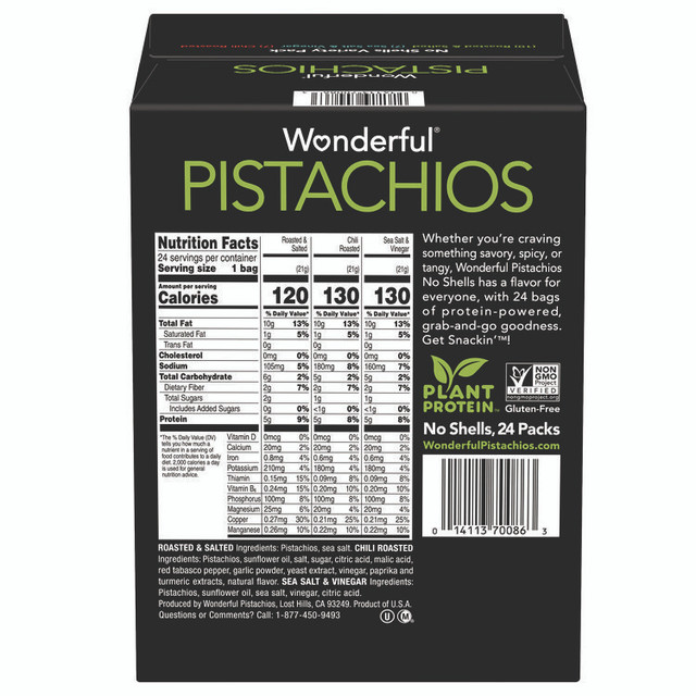 THE WONDERFUL COMPANY, LLC PAR70086 No Shells Roasted and Salted Pistachios Variety Pack, Assorted Flavors, 0.75 oz Bag, 24/Carton