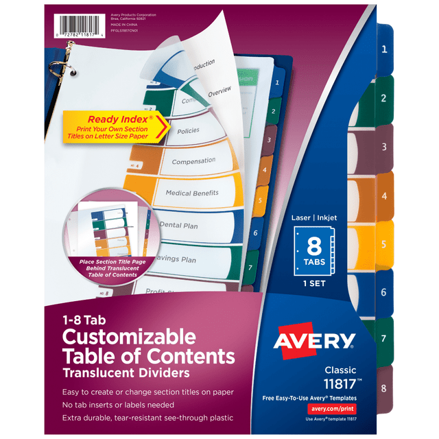 AVERY PRODUCTS CORPORATION 11817 Avery Ready Index Plastic Dividers, 8-Tab & Table Of Contents, Multicolor