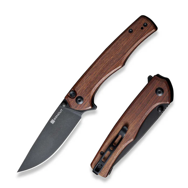 SENCUT S21012-5 Crowley Flipper/Thumb Stud Folding Knife 3.48"" Black D2 Drop Point Plain Edge Blade, Guibourtia Wood Handle