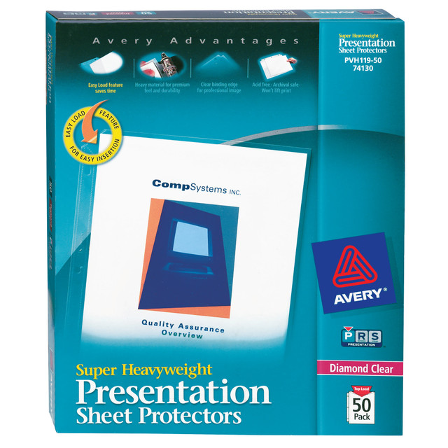 AVERY PRODUCTS CORPORATION AVE74130 Avery Super Heavyweight Sheet Protectors With Easy Load, 8-1/2in x 11in, Diamond Clear, 50 Document Protectors