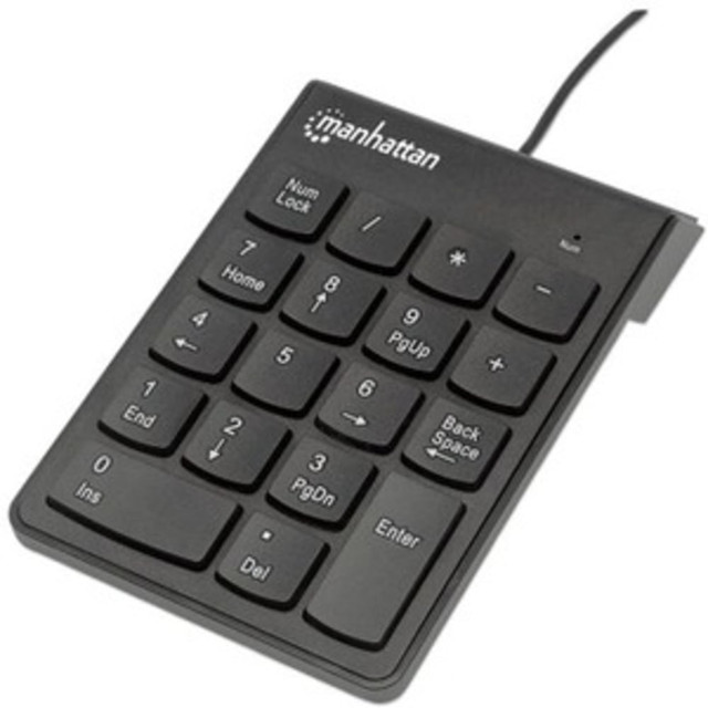 The Manhattan 19-Key Wired Numeric Keypad allows for fast and accurate numeric data entry. The convenient, mobile design has a full-size 19-key layout with a handy backspace key.  Full-size 19-key layout with a slim and lightweight construction.  Scissor-style (X-structure) key switch technology helps reduce typing noise and improve response.  Handy backspace key allows for swift corrections.  Asynchronous number lock function keeps its number-lock mode independent of the computers keyboard.  Users can simultaneously input letters from the computers keyboard and input numeric data from the keypad.  USB connection and Plug-and-Play installation offer convenience.  Backed by the manufacturer"s 3-year limited warranty.  Black design.