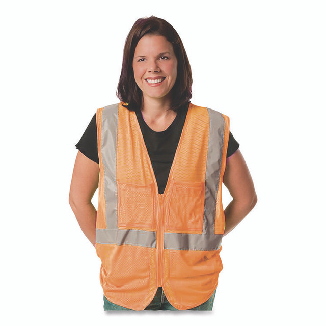 PROTECTIVE INDUSTRIAL PRODUCTS INC PIP 3020702ZORXL ANSI Class 2 Two-Pocket Zipper Mesh Safety Vest, Polyester Mesh, X-Large, Orange