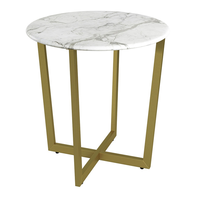 EURO STYLE, INC. 90389WHTMG Eurostyle Llona Round Side Table, 22-1/8inH x 23-3/5inW x 23-4/5inD, Matte Gold/White Marble