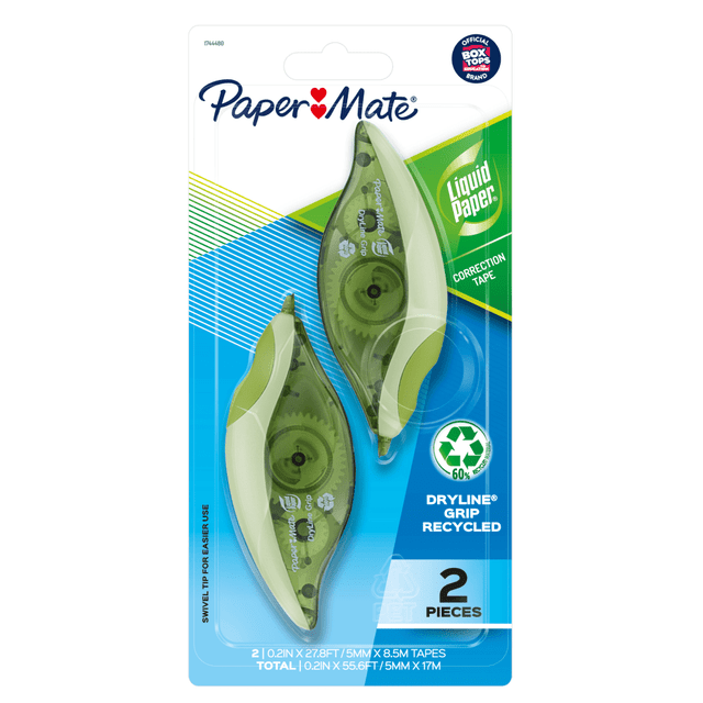 NEWELL BRANDS INC. 1744480 Paper Mate Liquid Paper DryLine Grip Correction Tape, 1 Line x 335in, Pack Of 2 NEWELL BRANDS INC. 1744480 Paper Mate Liquid Paper DryLine Grip Correction Tape, 1 Line x 335in, Pack Of 2
