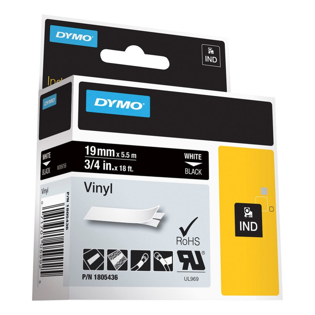 NEWELL BRANDS INC. 1805436 DYMO Vinyl Label Tape, DYM1805436, Permanent Adhesive, 3/4inW x 18L, Thermal Transfer, Black/White NEWELL BRANDS INC. 1805436 DYMO Vinyl Label Tape, DYM1805436, Permanent Adhesive, 3/4inW x 18L, Thermal Transfer, Black/White