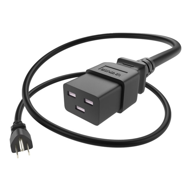 The three prong 5-15P end plugs into any standard wall AC outlet in the USA. The C15 receptacle can plug into standard computer equipment, printers, displays, TVs, or appliances that have a C16 inlet.