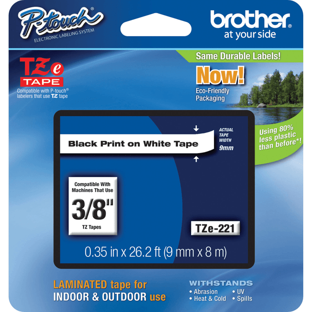 BROTHER INTL CORP TZE-221 Brother TZe-221 Black-On-White Tape, 0.38in x 26.2ft