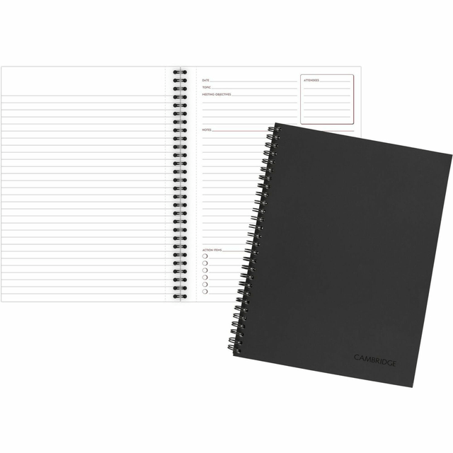 Write down important information during presentations in this 80-page Mead limited meeting notebook. The twin-wire binding lets you open pages to a flat position for a low-profile appearance, while the paper-based cover has a linen material finish for a professional look. This black Mead limited meeting notebook features an action list with checkboxes to support ordered task completion.  Paper-based cover has linen material finish for a professional appearance.  7-1/4in x 9-1/2in size slips into a bag or briefcase.  Perforated pages enable swift and easy removal.  80-sheet notebook is ideal for business meetings.  Twin-wire binding delivers lasting performance.  Contains Recycled Content - See Specs for Details.