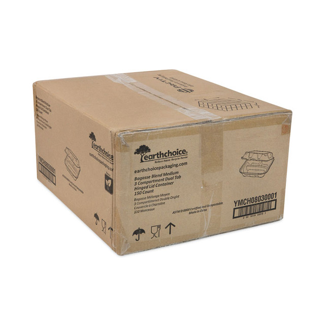 PACTIV EVERGREEN CORPORATION YMCH08030001 EarthChoice Bagasse Hinged Lid Container, 3 Compartments, Dual Tab Lock, 7.8 x 7.8 x 2.8, Natural, Sugarcane, 150/Carton