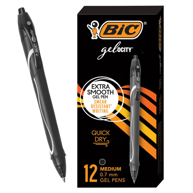 BIC CORP RGLCG11-BLK BIC Gel-ocity Quick Dry Retractable Gel Pens, Medium Point, 0.7 mm, Black Barrel, Black Ink, Pack Of 12