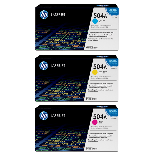 HP INC. HP504ACMY-OD HP 504A Cyan, Magenta, Yellow Toner Cartridges Combo, Pack Of 3, CE251A,CE252A,CE253A