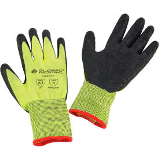 Global Industrial™ Crinkle Latex Coated Gloves Hi-Viz Lime/Black Small p/n 708603S