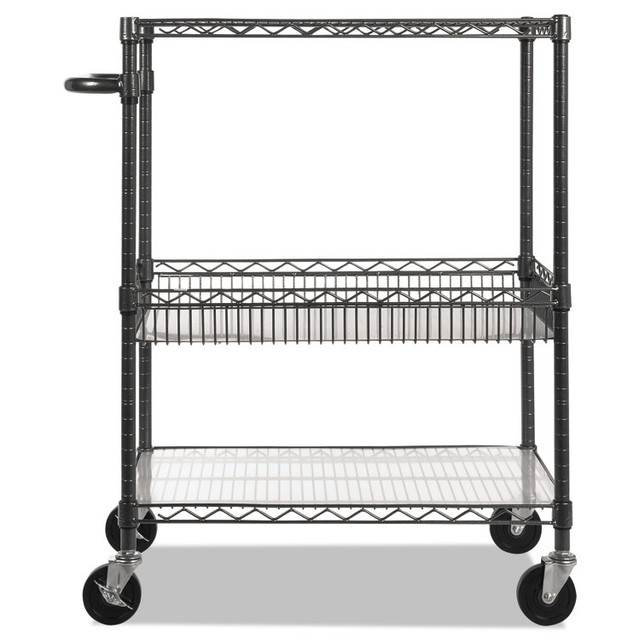 ALERA SW543018BA Three-Tier Wire Cart with Basket, Metal, 2 Shelves, 1 Bin, 500 lb Capacity, 34" x 18" x 40", Black Anthracite