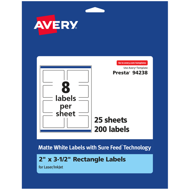 AVERY PRODUCTS CORPORATION 94238-WMP25 Avery Permanent Labels With Sure Feed, 94238-WMP25, Rectangle, 2in x 3-1/2in, White, Pack Of 200 AVERY PRODUCTS CORPORATION 94238-WMP25 Avery Permanent Labels With Sure Feed, 94238-WMP25, Rectangle, 2in x 3-1/2in, White, Pack Of 200