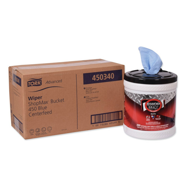 ESSITY PROFESSIONAL HYGIENE NORTH AMERICA LLC 450340 Tork Advanced ShopMax Wiper 450 Wipes, 8-1/2in x 10in, Blue, 200 Wipes Per Bucket, Carton Of 2 Buckets