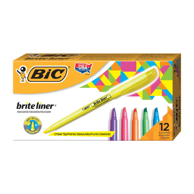 BIC CORP BL11ASST BIC Brite Liner Highlighters, Pocket Style, Chisel Tip, Assorted Colors, Box Of 12 BIC CORP BL11ASST BIC Brite Liner Highlighters, Pocket Style, Chisel Tip, Assorted Colors, Box Of 12