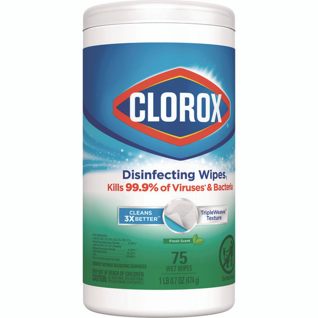 CLOROX SALES CO. 01656 Disinfecting Wipes, Bleach Free Cleaning Wipes, 1-Ply, 7 x 8, Fresh Scent, White, 75/Canister, 6 Canisters/Carton