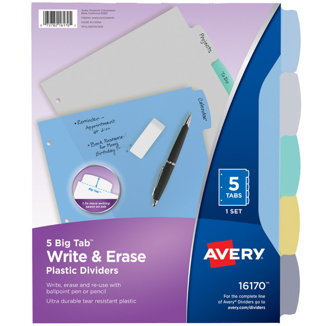 AVERY PRODUCTS CORPORATION Avery 16170  Durable Write-On Plastic Dividers With Erasable Tabs, 8 1/2in x 11in, Multicolor, 5 Tabs