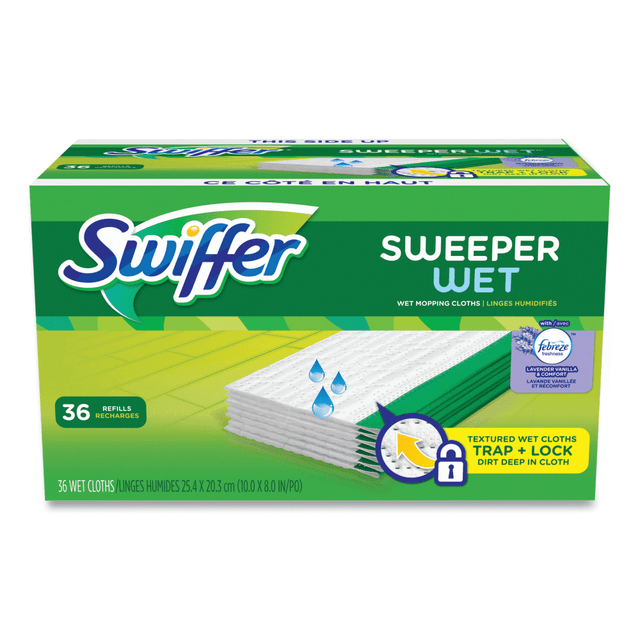 Remove tough dirt and grime from linoleum, vinyl, ceramic and finished wood floors with Swiffer Wet Refill Cloths. Each pre-moistened cloth can be easily disposed of when used.  Dissolves tough spots and removes dirt and grime.  Safe for use on linoleum, vinyl, ceramic and finished wood floors.  Pre-moistened cloths are infused with a cleaning solution.  No rinsing required.  Compatible with the 10in Swiffer Sweeper (sold separately).