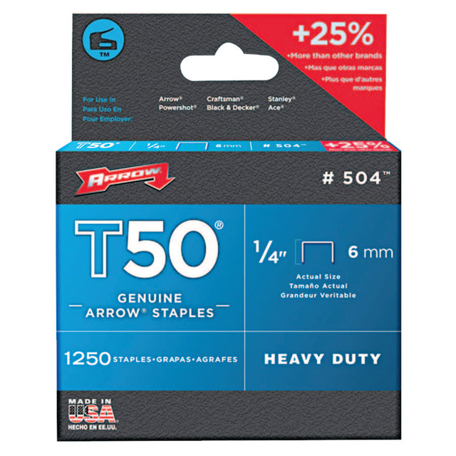 ARROW FASTENER CO., INC. 50424 Arrow 50424 T50 Staples, #504, 1/4inL x 3/8inW, Silver, Box Of 1,250 Staples ARROW FASTENER CO., INC. 50424 Arrow 50424 T50 Staples, #504, 1/4inL x 3/8inW, Silver, Box Of 1,250 Staples