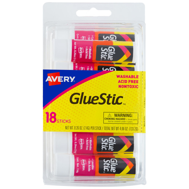 AVERY PRODUCTS CORPORATION Avery 98001  Glue Stic Washable Non-Toxic Permanent Adhesive Glue Sticks, White, 0.26 Oz., Pack Of 18