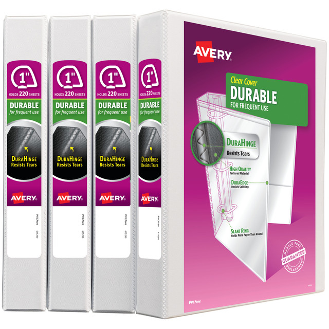 AVERY PRODUCTS CORPORATION 17575 Avery Durable View Binders, Letter-Size, 1in Slant Rings, 42% Recycled, White, Pack Of 4 Binders