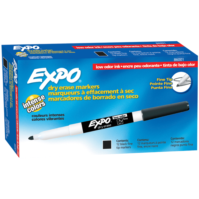 SANFORD LP Expo 86001  Low-Odor Dry-Erase Pen-Style Markers, Black Ink, Pack Of 12