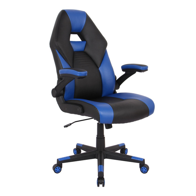 Designed for casual or serious gaming, the RGX High-Back Gaming Chair provides the ease and flexibility you require for any scenario. Contoured seat padding adds overall comfort & support, and the video game chair features padded arms that flip up and out of the way to allow for a wide variety of tasks.  Seat height and tilt adjustments offer optimal positioning.  Padded flip-up arms help accommodate any task.  Contoured padding for extra comfort & support.  Waterfall seat design helps reduce leg stress.  Lumbar support for improved posture.  Durable casters with a distinctive design.  The same comfort and resilience is also great for office, school and special project work.  Weight capacity tested to support 275 lb.  Faux leather chair is comprised of polyurethane and PVC.  ANSI/BIFMA Compliant - This product has been tested and verified for compliance with rigorous performance requirements and safety standards related to specific furniture products.  Faux Leather is a synthetic material. See specs for details.