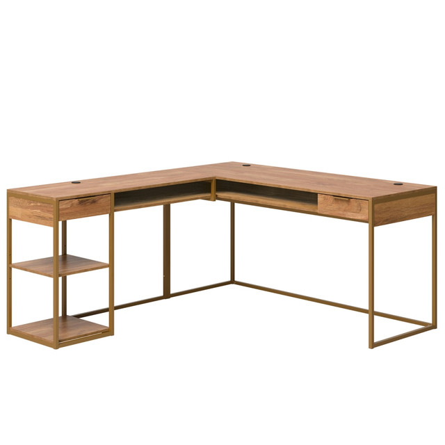 SAUDER WOODWORKING CO. 428210 Sauder International Lux 66inW L-Shaped Computer Desk, Sindoori Mango