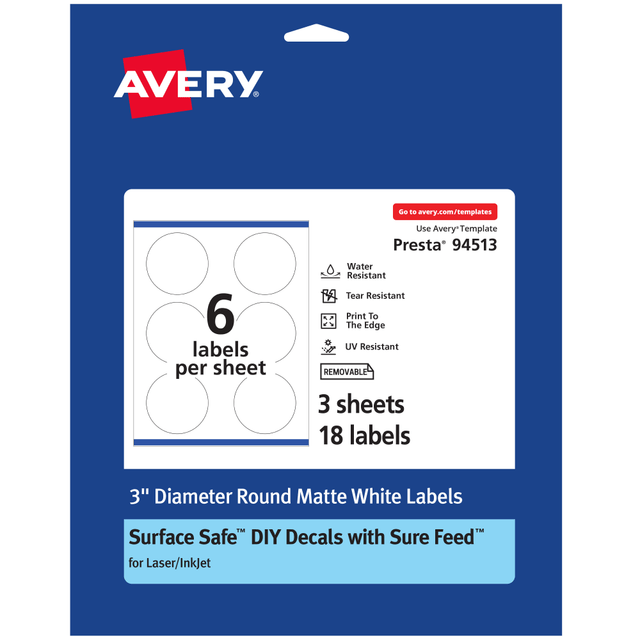 AVERY PRODUCTS CORPORATION 94513-DRF3 Avery Durable Removable Labels With Sure Feed, 94513-DRF3, Round, 3in Diameter, White, Pack Of 18 AVERY PRODUCTS CORPORATION 94513-DRF3 Avery Durable Removable Labels With Sure Feed, 94513-DRF3, Round, 3in Diameter, White, Pack Of 18