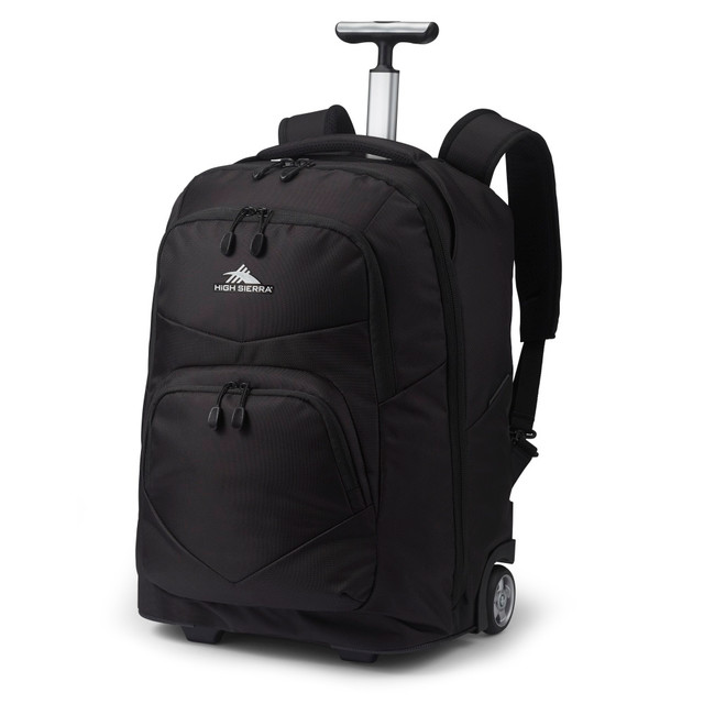 Bring all of the essentials with you when you travel thanks to the High Sierra Freewheel Backpack With 15.6in Laptop Pocket. A padded compartment protects your laptop, while durable, smooth-rolling wheels make it simple to transport your belongings.  Laptop backpack with padded pocket holds most devices up to 15.6in.  Made from water-resistant polyester.  360 deg. reflective backpack helps you stay visible in low-light conditions.  Padded tuck-away straps boast air mesh for proper airflow.  Large main compartment includes a full-length organization pocket.  Includes a front accessory pocket with an organizer for tech and keys.  High Sierra backpack boasts a side water bottle pocket.  Single-tube telescoping handle and corner-mounted wheels for easy transport.  Backed by the manufacturer's limited lifetime warranty.