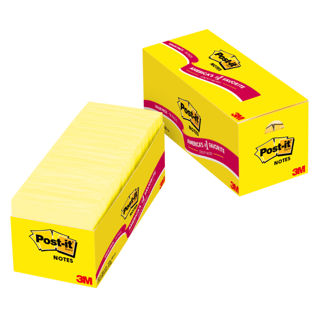 The original Canary Yellow Post-it Notes in a convenient cabinet pack keep notes neat and organized. Self-stick removable notes stick securely and remove cleanly. The 3in x 3in size is perfect for reminders or a short to-do list.  Classic Canary Yellow to help your note break through  Post-it Notes stick securely and remove cleanly  Unique adhesive designed for use on paper or in planners  Leave reminders or call out important information  Recyclable and made from paper sourced from certified, renewable and responsibly managed forests  3 in. x 3 in., Canary Yellow  90 sheets per pad, 18 pads per pack  Cabinet pack size is great way to stock up your work or study area.