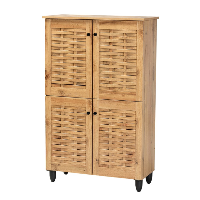WHOLESALE INTERIORS, INC. 2721-11989 Baxton Studio Winda 30inW 4-Door Shoe Storage Cabinet, Oak Brown WHOLESALE INTERIORS, INC. 2721-11989 Baxton Studio Winda 30inW 4-Door Shoe Storage Cabinet, Oak Brown