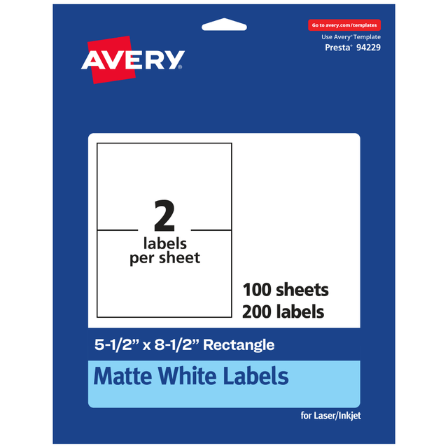 AVERY PRODUCTS CORPORATION 94229-WMP100 Avery Permanent Labels, 94229-WMP100, Rectangle, 5-1/2in x 8-1/2in, White, Pack Of 200 AVERY PRODUCTS CORPORATION 94229-WMP100 Avery Permanent Labels, 94229-WMP100, Rectangle, 5-1/2in x 8-1/2in, White, Pack Of 200