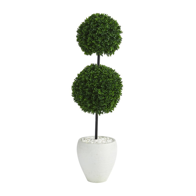 NEARLY NATURAL INC. T1282 Nearly Natural Boxwood Double Ball Topiary 4'H Artificial Tree With Planter, 48inH x 10inW x 10inD, Green/White NEARLY NATURAL INC. T1282 Nearly Natural Boxwood Double Ball Topiary 4'H Artificial Tree With Planter, 48inH x 10inW x 10inD, Green/White
