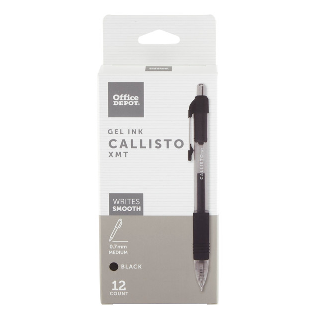 OFFICE DEPOT AH806-12-B-0.7MM  Brand Callisto Retractable Gel Ink Pens, Medium Point, 0.7 mm, Transparent Black Barrel, Black Ink, Pack Of 12 Pens