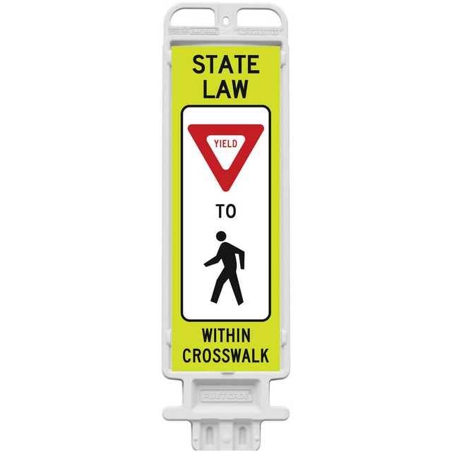 Plasticade 4336-W-K9321YGD Safety Signs; Family: Traffic & Parking Sign ; Sign Type: Pedestrian Crossing ; Sign Header: Yield ; Legend: STATE LAW YIELD TO PEDESTRIAN WITHIN CROSSWALK ; Message/Graphic: Message & Graphic ; Graphic Type: Yield Symbol