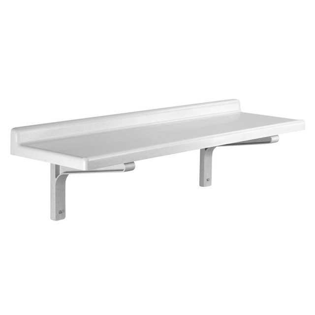 Expand your storage space in the kitchen, bathroom, garage or workplace with Cambro shelving. The durable construction is resistant to rust and corrosion for long-lasting use.  Plastic utility shelves are resistant to rust and corrosion.  2in backsplash and marine front edge helps to control spills.  Heavy-duty shelf design withstands temperatures up to 190 deg.F.  Shelves snap on and off for cleaning.  Dishwasher safe.  NSF listed.  Weight capacity tested to support 150 lb.  Assembly required.  Backed by the manufacturers 3-year limited warranty.  Non-vented design.