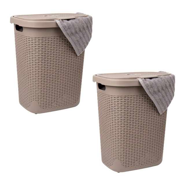 EMS MIND READER LLC 50HAMP2PK-BRNM Mind Reader 50L Slim Laundry Hamper Clothes Basket with Lid, 21inH x 13-3/4inW x 17-33/20inL, Tan, Set of 2