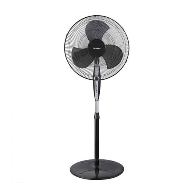 Work and play in comfort with the Optimus Adjustable Oscillating Stand Fan. Sleek and easy to use, this fan maximizes coverage for quick cooling.  3 fan speeds help you achieve comfortable airflow.  4-position piano key switch simplifies control.  90 deg. oscillation and adjustable height/tilt broaden the coverage area.  Motor is ultra-quiet for a peaceful atmosphere.  Safety grill is removable.  Includes a remote.  Backed by the manufacturers 1-year limited warranty.