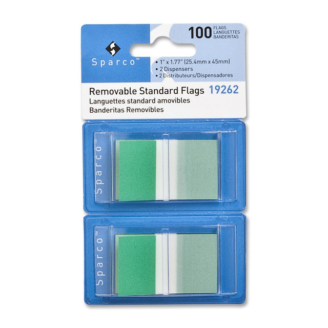 SP RICHARDS 19262 Sparco Removable Standard Flags In Pop-Up Dispenser, 1 3/4in x 1in, Green, Pack Of 100