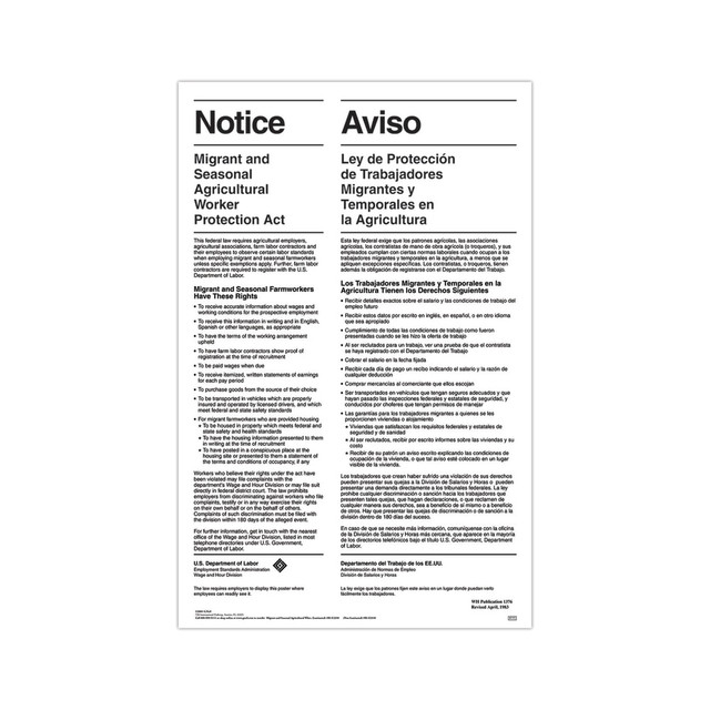 TAX FORMS PRINTING, INC. E3210 ComplyRight Federal Specialty Posters, Migrant And Seasonal Agricultural Workers, Bilingual, 11in x 17in