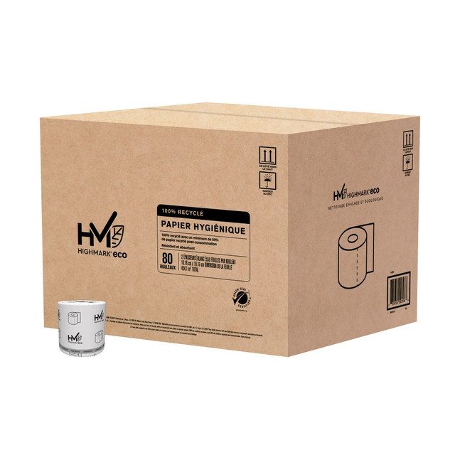 Do your part to make greener choices by keeping your bathrooms stocked with Highmark bath tissue. This Highmark recycled toilet paper is a great way to show you care about your guests comfort and your planets resources.  2-ply Highmark bath tissue is soft and absorbent.  Septic-safe and virtually lint-free.  Put through some of the most rigorous testing in the industry.  100% total recycled 2-ply bath tissue comes with 550 sheets per roll. White bath tissue is available with 550 sheets per roll in a case of 80 rolls.  Processed Chlorine Free (PCF).  Contains Recycled Content - See Specs for Details.