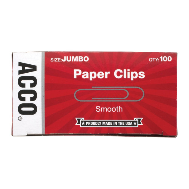 ACCO BRANDS USA, LLC A7072580 ACCO Economy Smooth Paper Clips, 1000 Total, Jumbo, Silver, 100 Per Box, Pack Of 10 Boxes